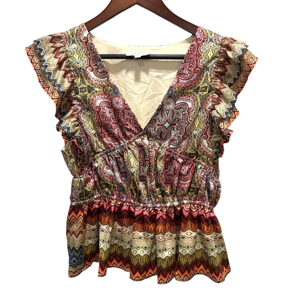 Ciebon Womens Paisley Chevron‎ Peplum Blouse Ruffle Sleeve V-Neck Small